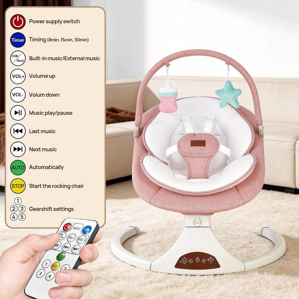 Pink Infant Swing with Safety Lock Speed Bluetooth Music & Timer