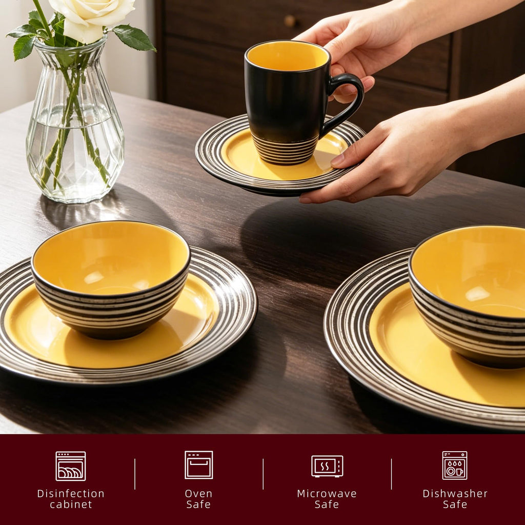 16 Piece Dinnerware Set, Ceramic Plates and Bowls Sets for 4, Microwave and Dishwasher Safe, Handcrafted Tree Bark