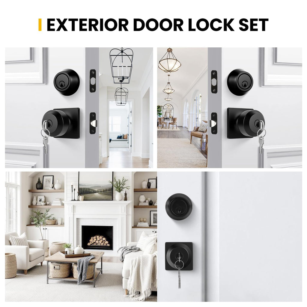 Matte Black Exterior Door Knob and Deadbolt Set, Keyed-Different Entry Locksets with Lock and Key 1 Pack Set