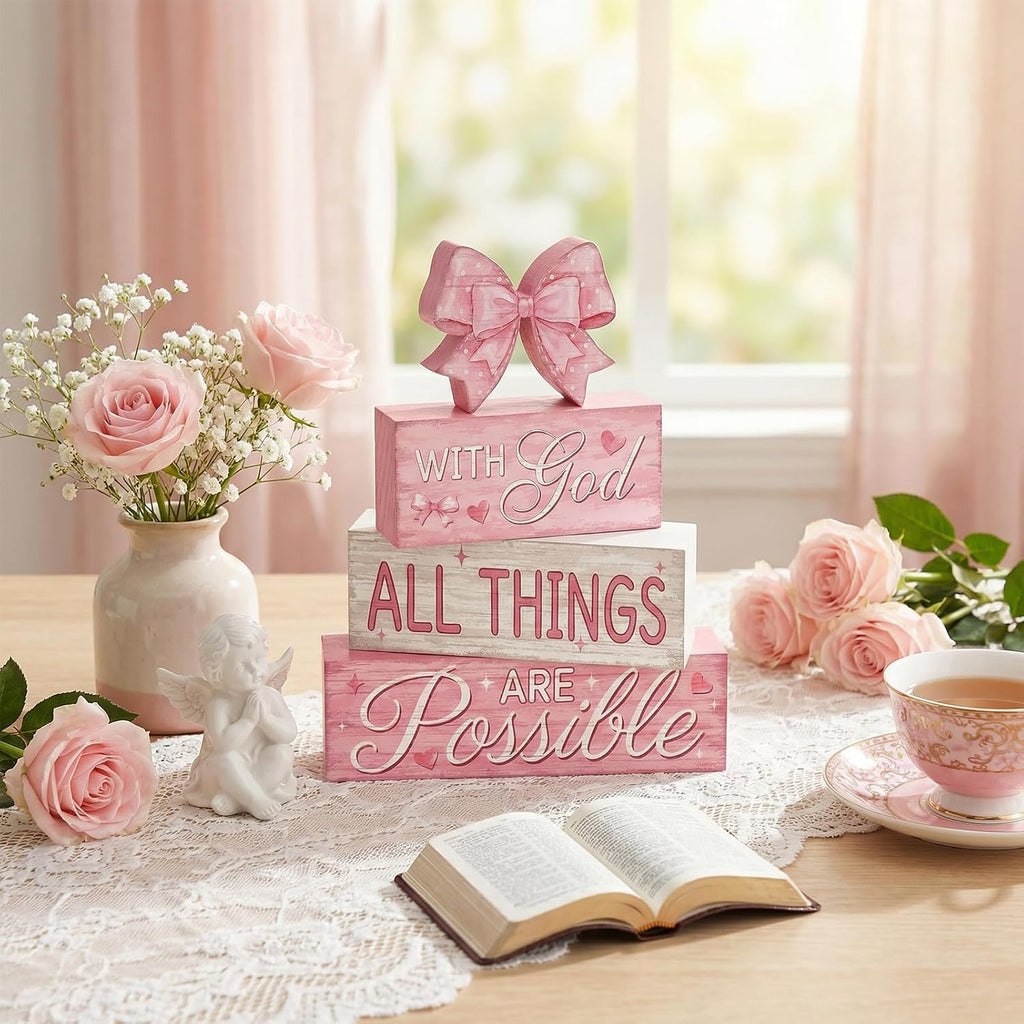 Tiered Tray Decor Set, , Wooden Table Sign, Pink Bow - Set of 4
