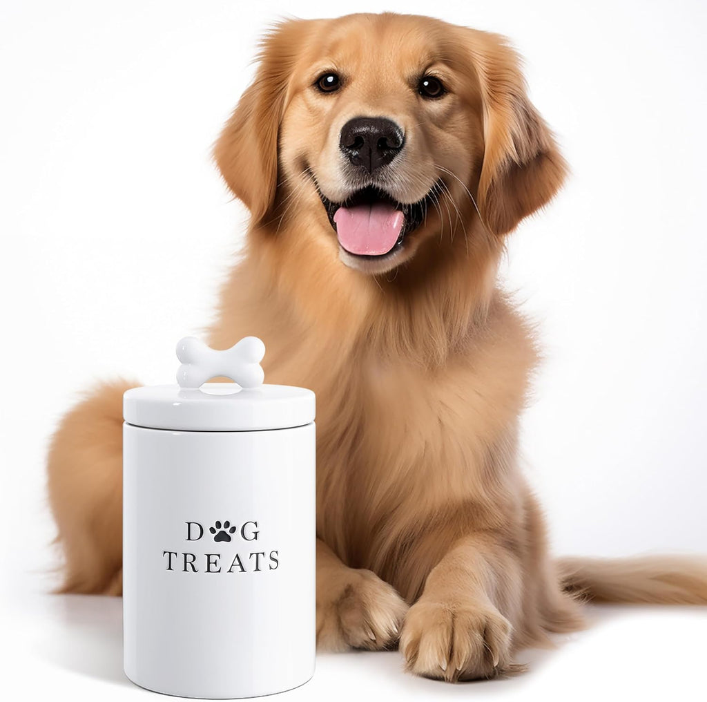 Ceramic Dog Treat Container with Airtight Lid (White)