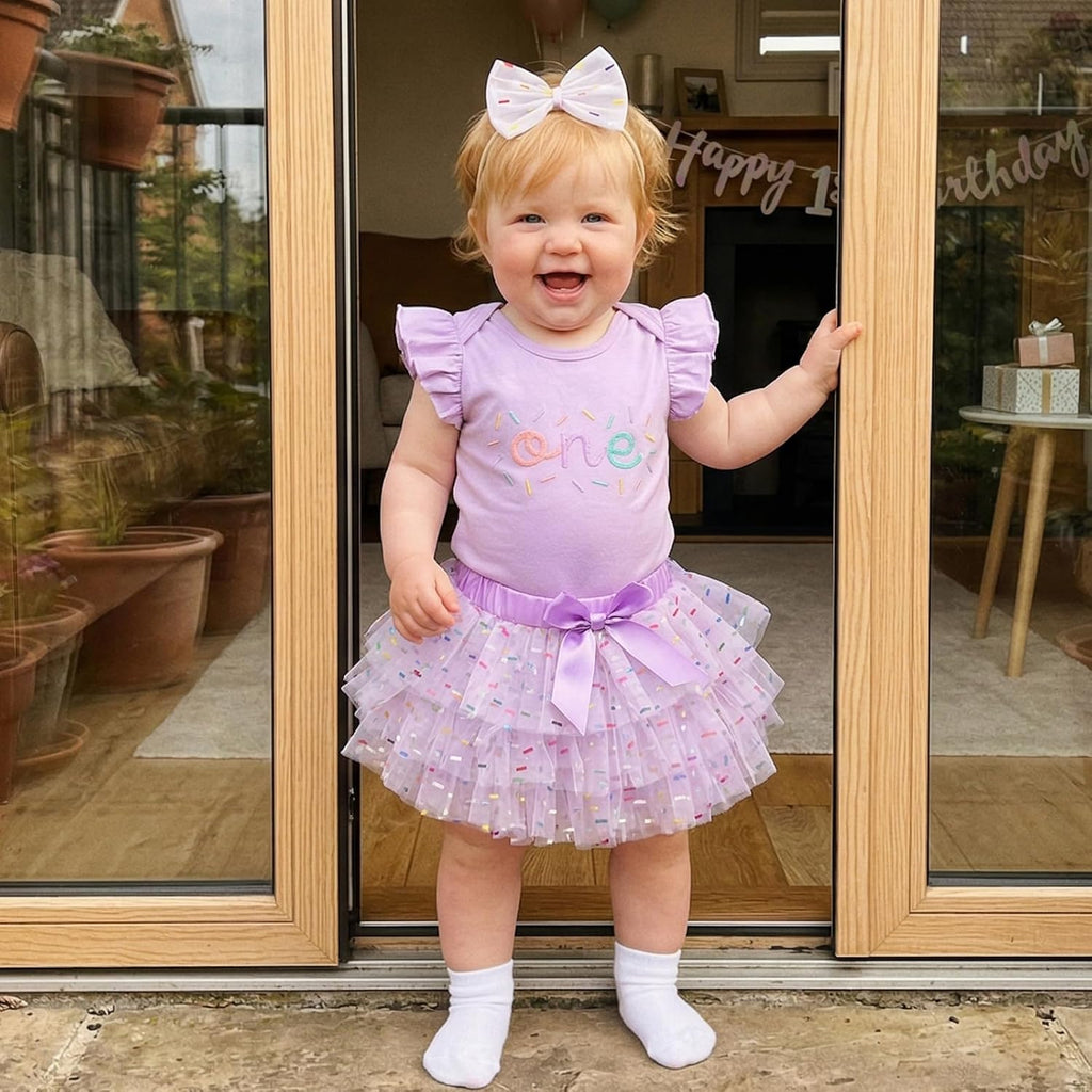 Baby Girl First Birthday Outfit One Year Old Sprinkle Romper Bodysuit Tulle Tutu Skirt with Headband