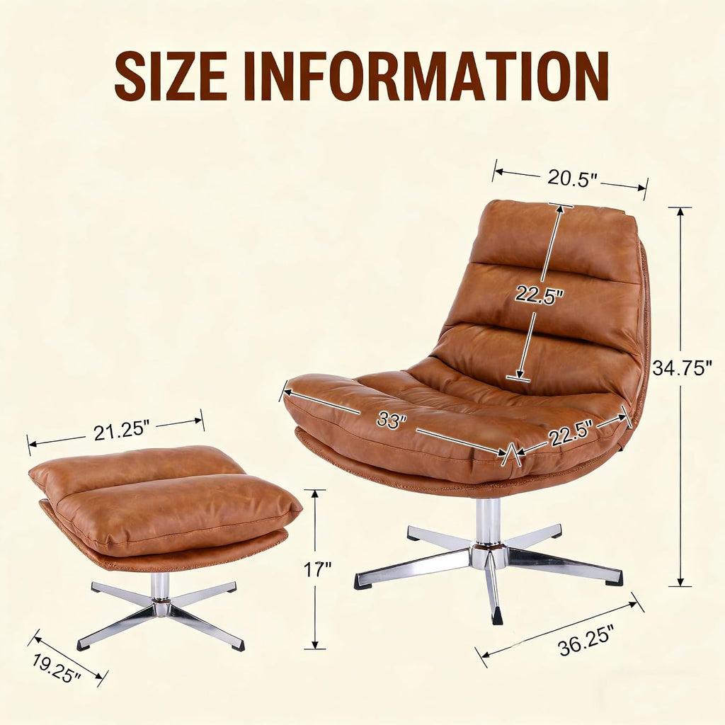 Brown Swivel Lounge Chair with Ottoman Modern PU Leather Accent Chair with Footrest 33'' Wide Oversized Armless