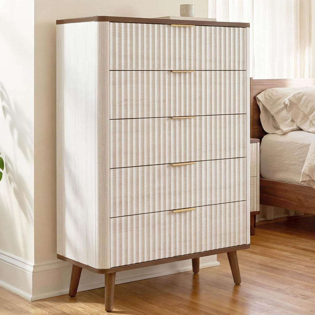 Fluted Wood 5 Drawer Dresser: 45.5" Tall Chest of Drawers, Mid Century Modern Storage Cabinet Nursery, Large Vertical