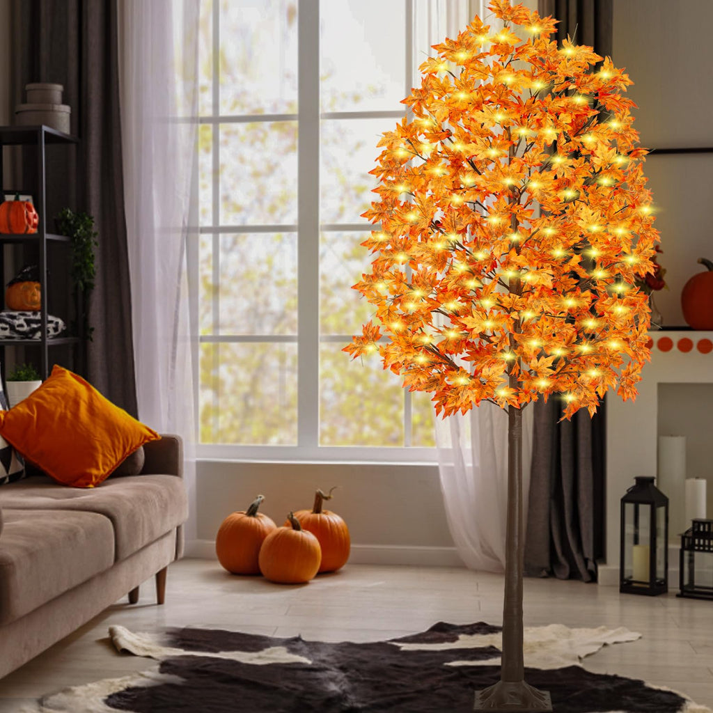 8FT 210 LED Lighted Maple Tree - Thanksgiving Decor Artificial Fall Tree with 21 Branches, 21 Acorns 420 Leaves