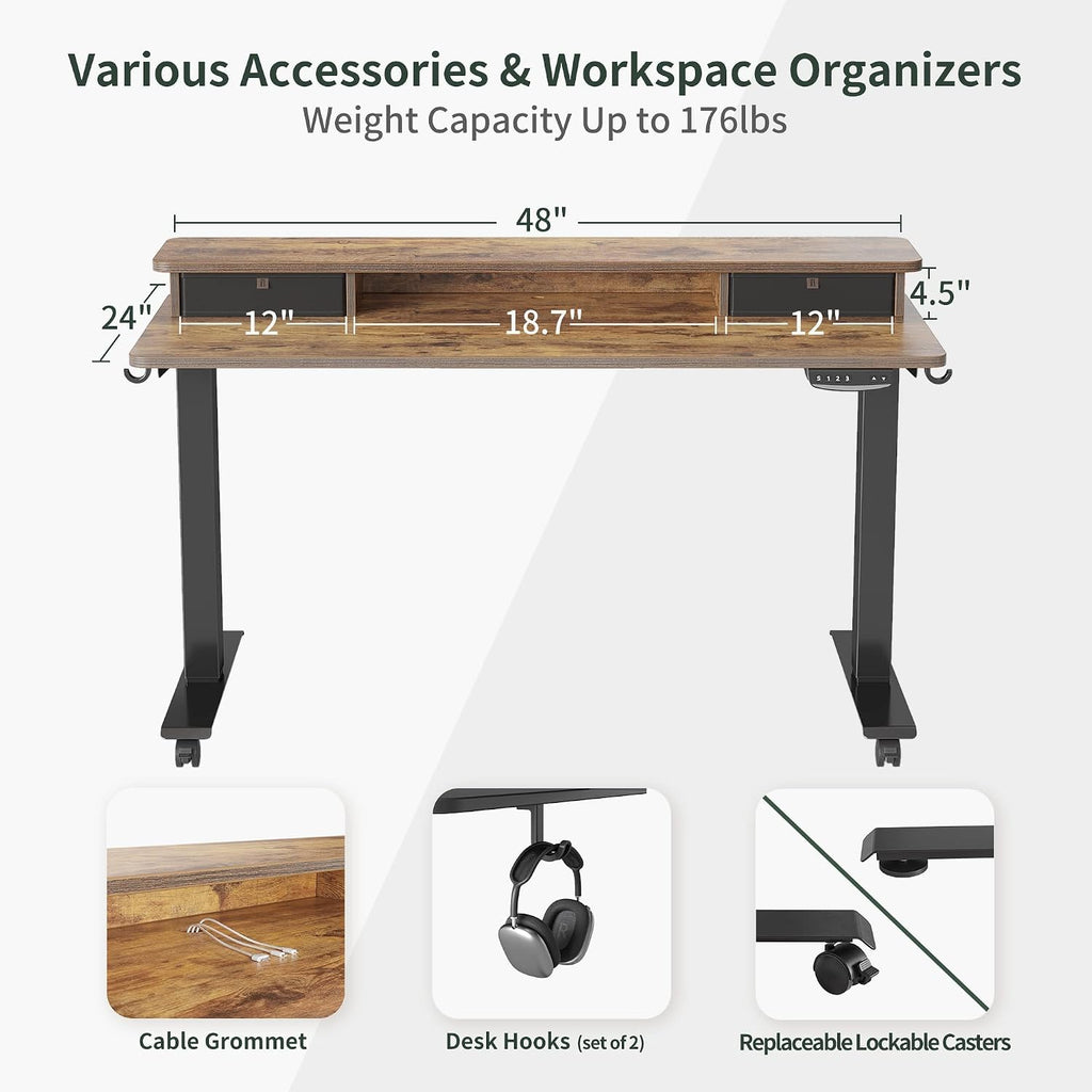 48 x 24 Inch Height Adjustable Electric Standing Desk with Double Drawer, Stand Up Table with Storage Shelf, Sit