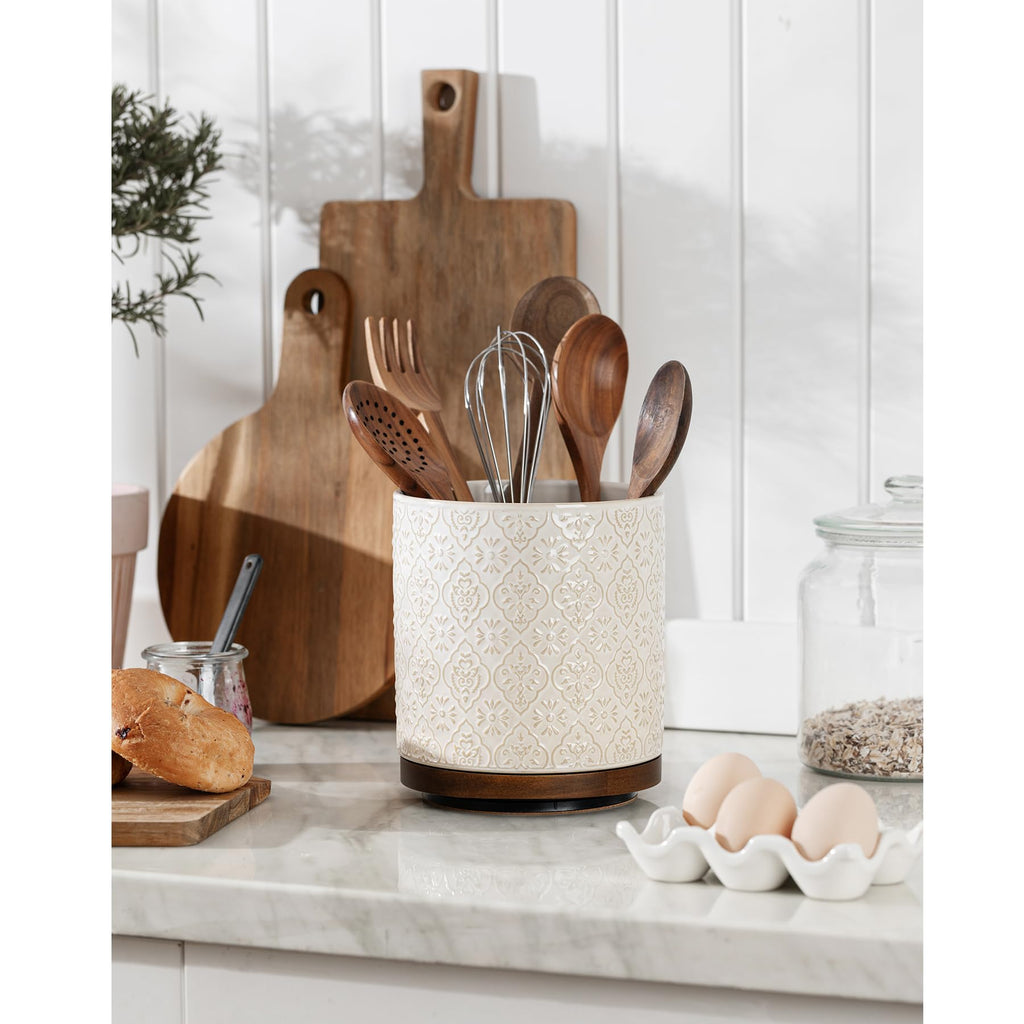 Kitchen Utensil Holder, 360° Rotating Extra Large Ceramic Utensil Holder with Embossed Pattern, 7.3" Cooking Utensil