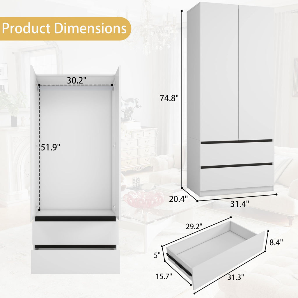 White Armoire Wardrobe Closet with 4 Drawers: 75" H x 63" W