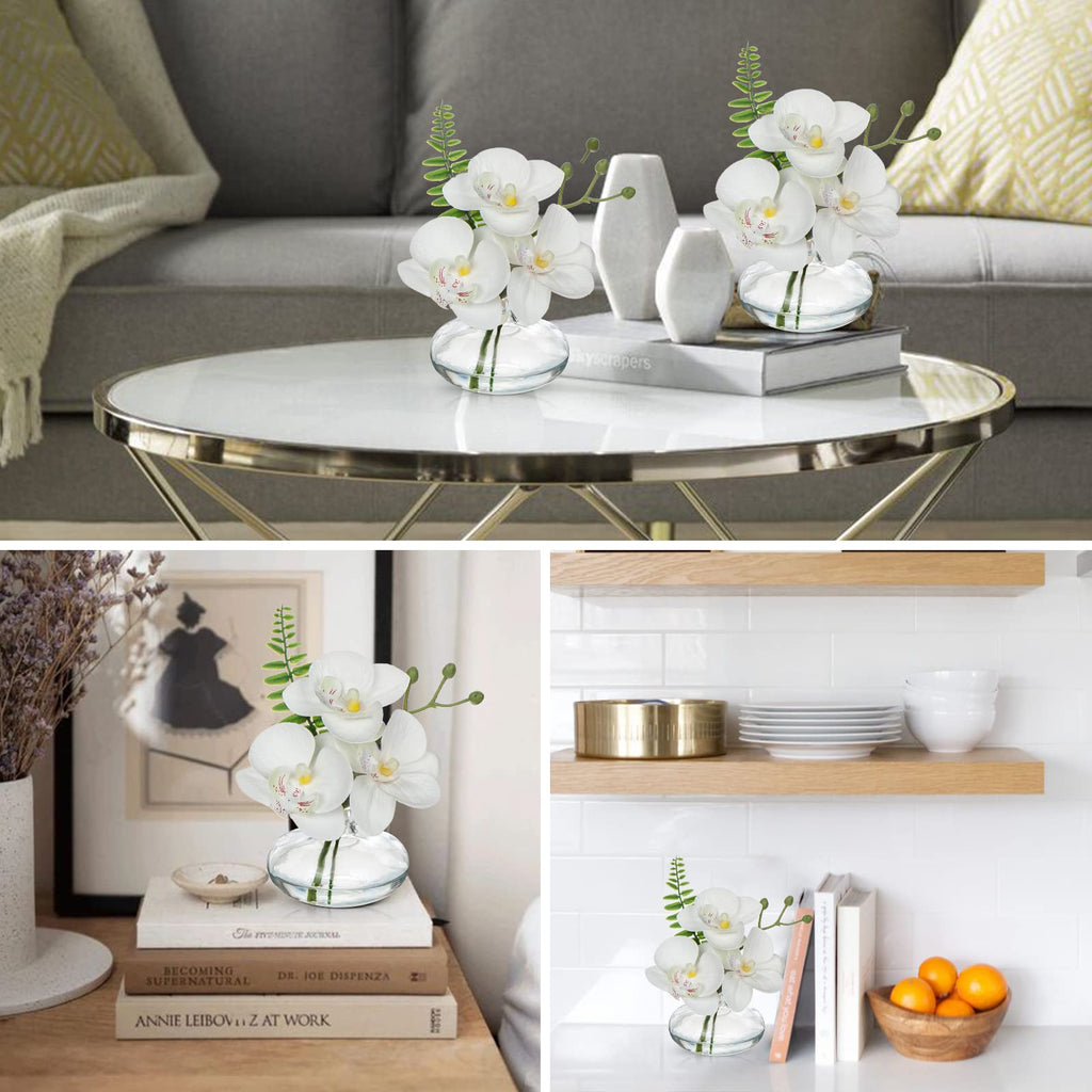 White Orchids Artificial Flowers Faux Orchids Arrangement in Clear Glass Vases Set of 3 Real Touch Phalaenopsis