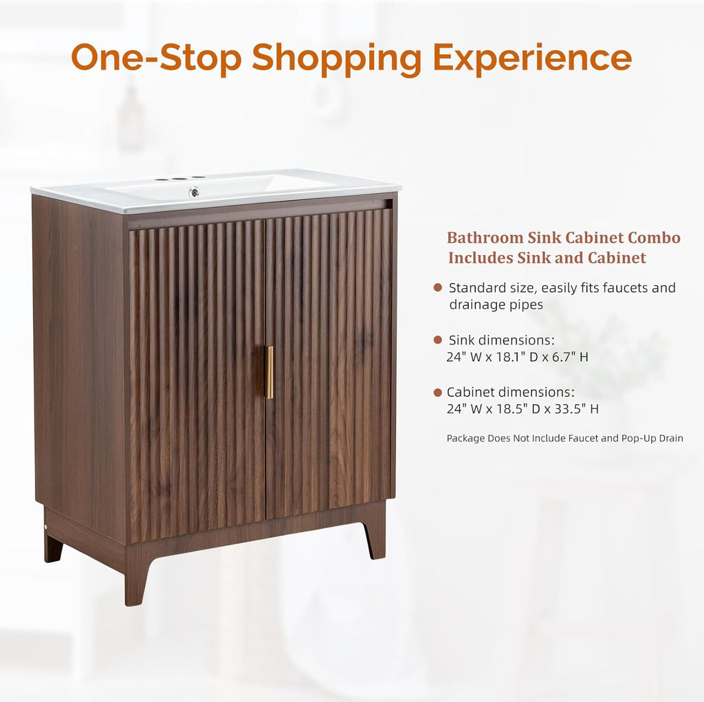 30 Inch Bathroom Vanity with Sink, Mid-Century Modern Vanity with Ceramic Basin and Fluted Soft-Close Doors