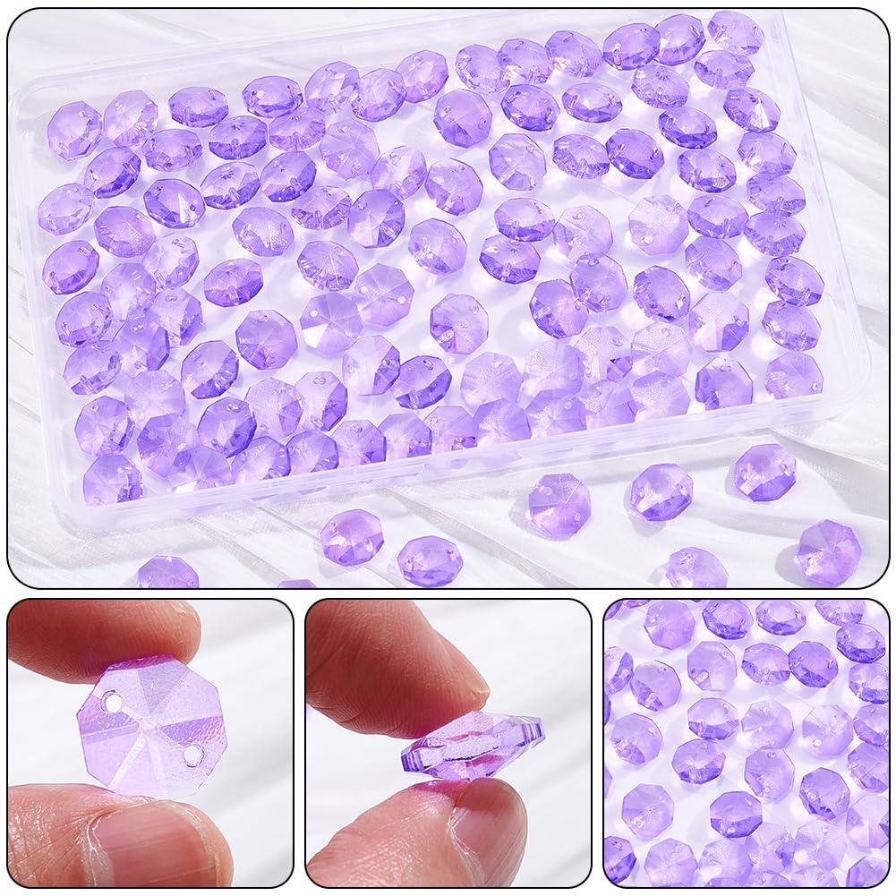 1 Box 120Pcs Glass Octagon Beads 2 Hole Crystal Prism Beads Purple 14mm Chandelier Replacement Connector Suncatcher