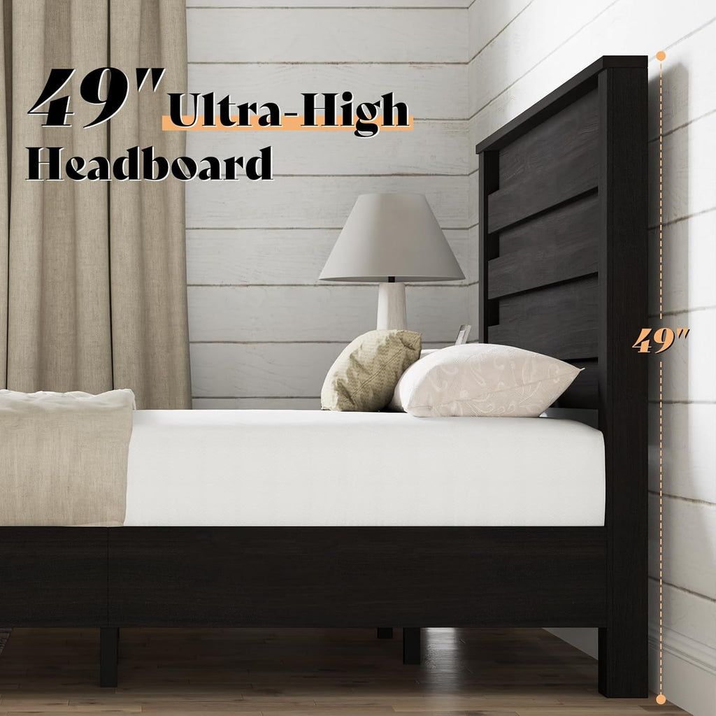 Farmhouse Queen Bed Frame with 49" Tall Headboard, Platform Bed with Natural Wood Grain, No Box Spring Needed/Noise