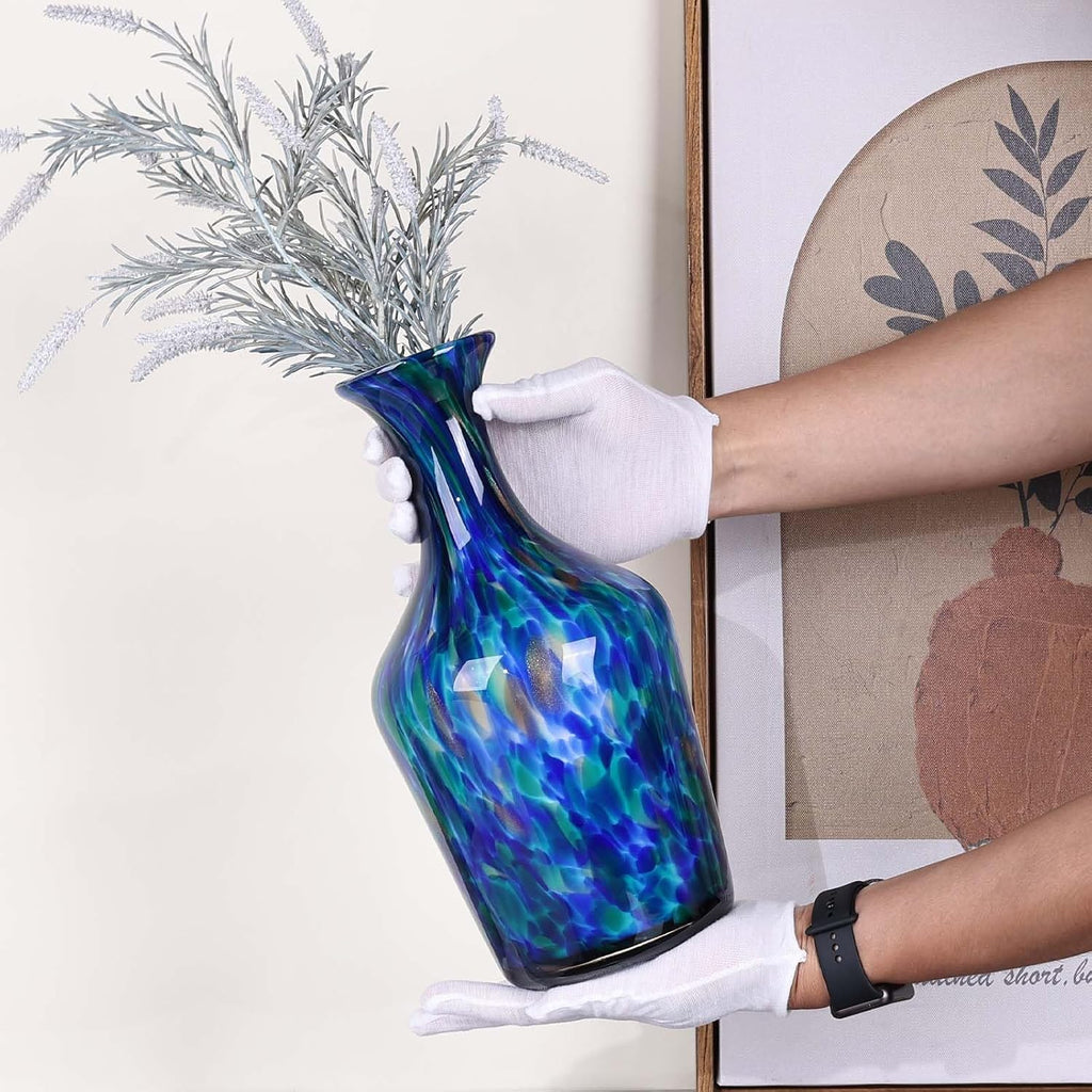 Hand Blown Glass Vase Teal Mosaic (Blue Green Splash) - Murano Inspired Art Glass Vase with Wide Mouth for Flowers