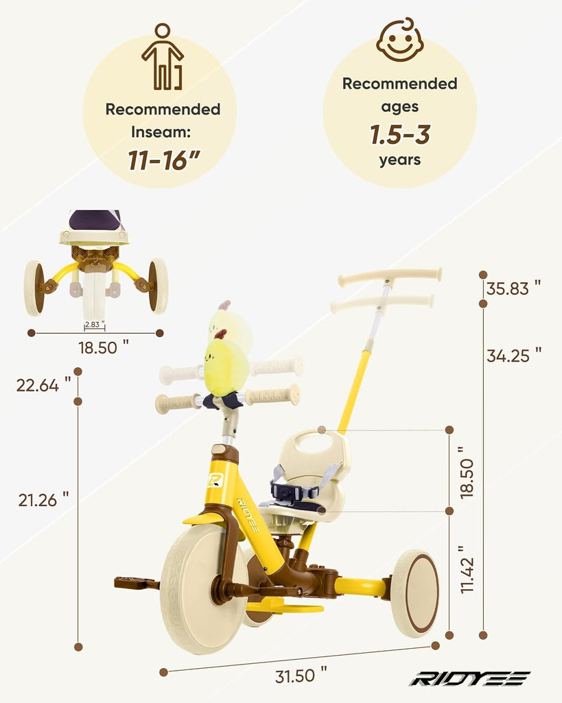 In-1 Toddler Tricycle Ages 1.5-5, Parent Steering Trike