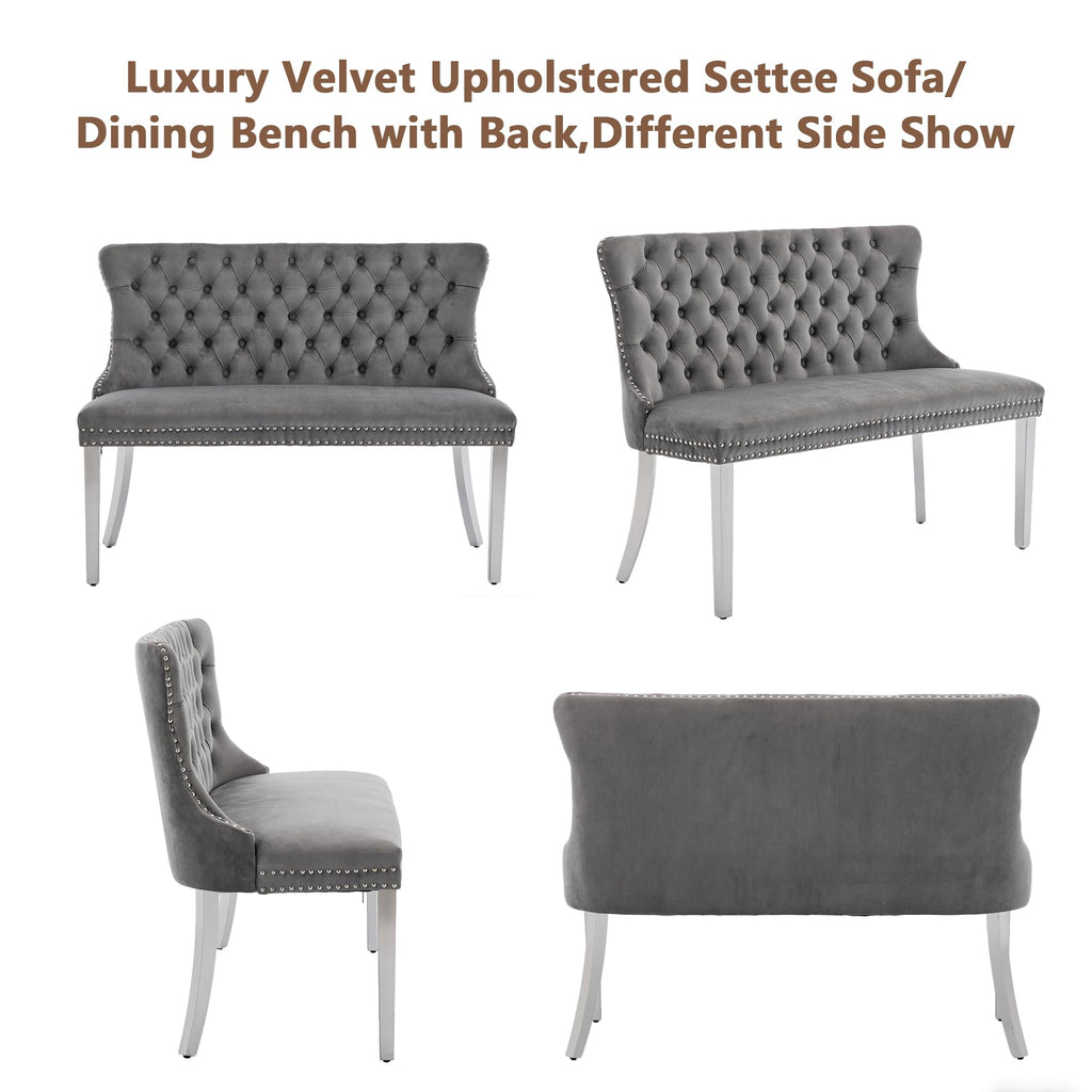 Luxury Settee Dining Bench with Back, Velvet Upholstered Banquette Benches with Nailhead Trim, Button Tufted Small