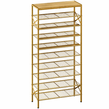 10 Tier Metal Shoe Rack with Wood Top, 30-40 Pairs Gold