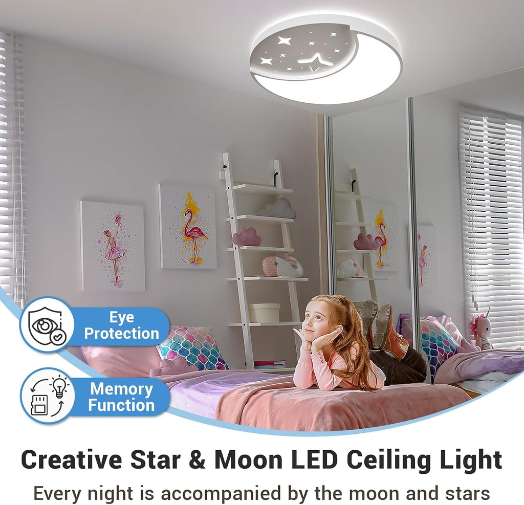 Flush Mount Ceiling Light, Modern Moon & Star Ceiling Light Fixture, 3 Color Temperature LED Bedroom Lighting