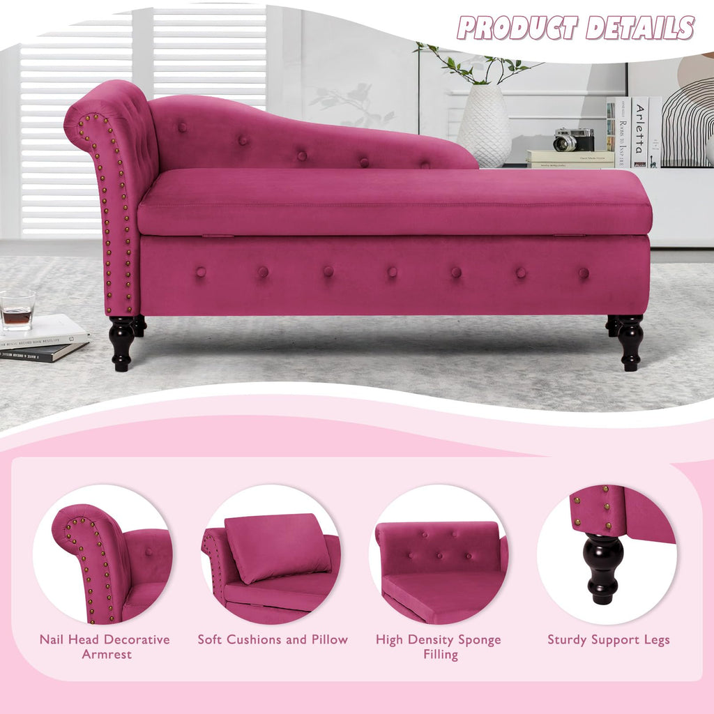Velvet Chaise Lounge w/Left Armrest & Storage Space, Fuchsia