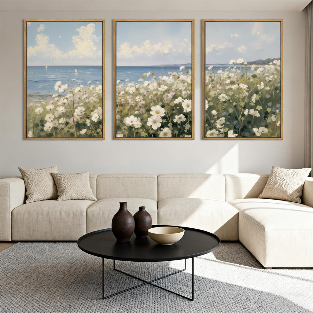 Large Farmhouse Flower Framed Wall Art 16x24 Inch Coastal Wildflower Canvas Wall Decor Modern Landscape Painting