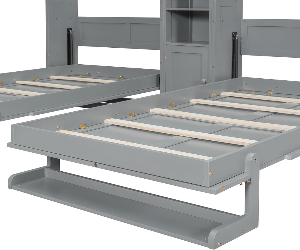 Dual Twin Murphy Beds with Storage Shelves and Cabinets, Pine Wood Space-Saving Hideaway Double Murphy Wall Beds with