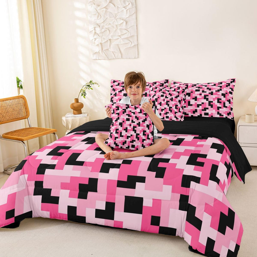 Pink Pixcel 7 Pcs Comforter Set, Block Building Bed in a Bag with Fitted Sheet & Pillowcases, Soft