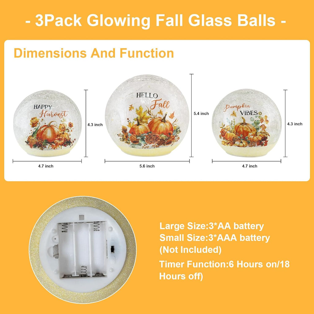 Fall Table Decor Sparkling Crackle Glass Ball with LED Lights Timer Pumpkin Gnomes for Thanksgiving Decor - Set of 3
