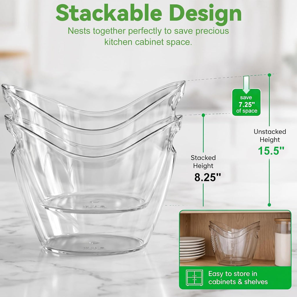 Ice Bucket Wine Bucket, 2 Pack, Clear 4 Liter Plastic Tub for Drinks and Parties, Food Grade - Set of 2