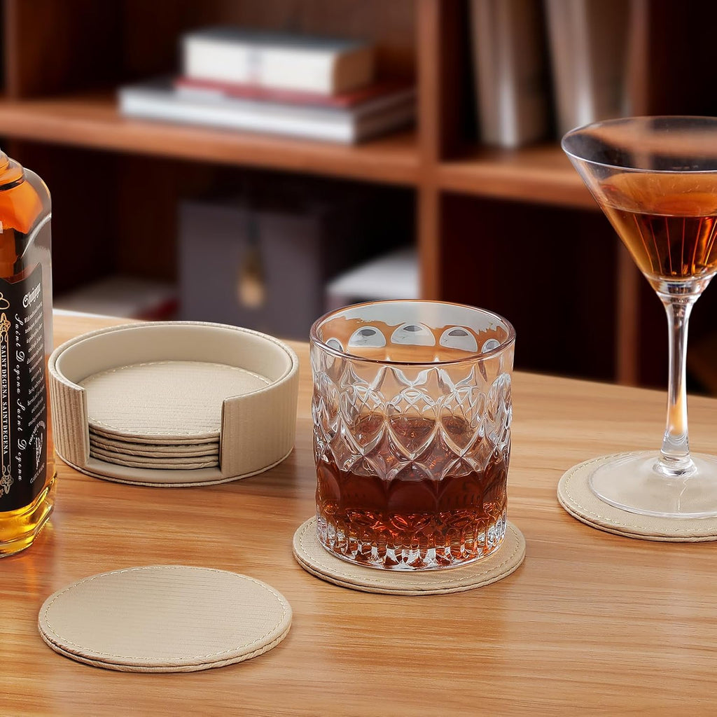 Leather Coasters with Holder, Tabletop Protection, Coffee Table & Bar Decoration, Modern-Style Drink - Set of 6