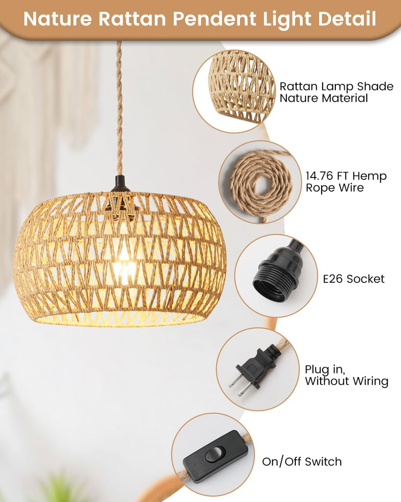 Rattan Boho Hanging Light, 12.6'' Natural Hand Woven Fabric Drum Light, Plug Into Wall Outlet Pendant Light Fixture