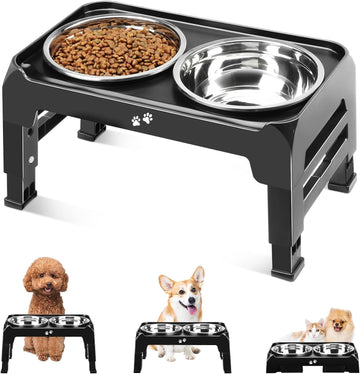 Elevated Dog Bowls for Small Medium Dogs, 3 Height Adjustable Raised Stand with 2 Thick 6" Stainless Steel Food