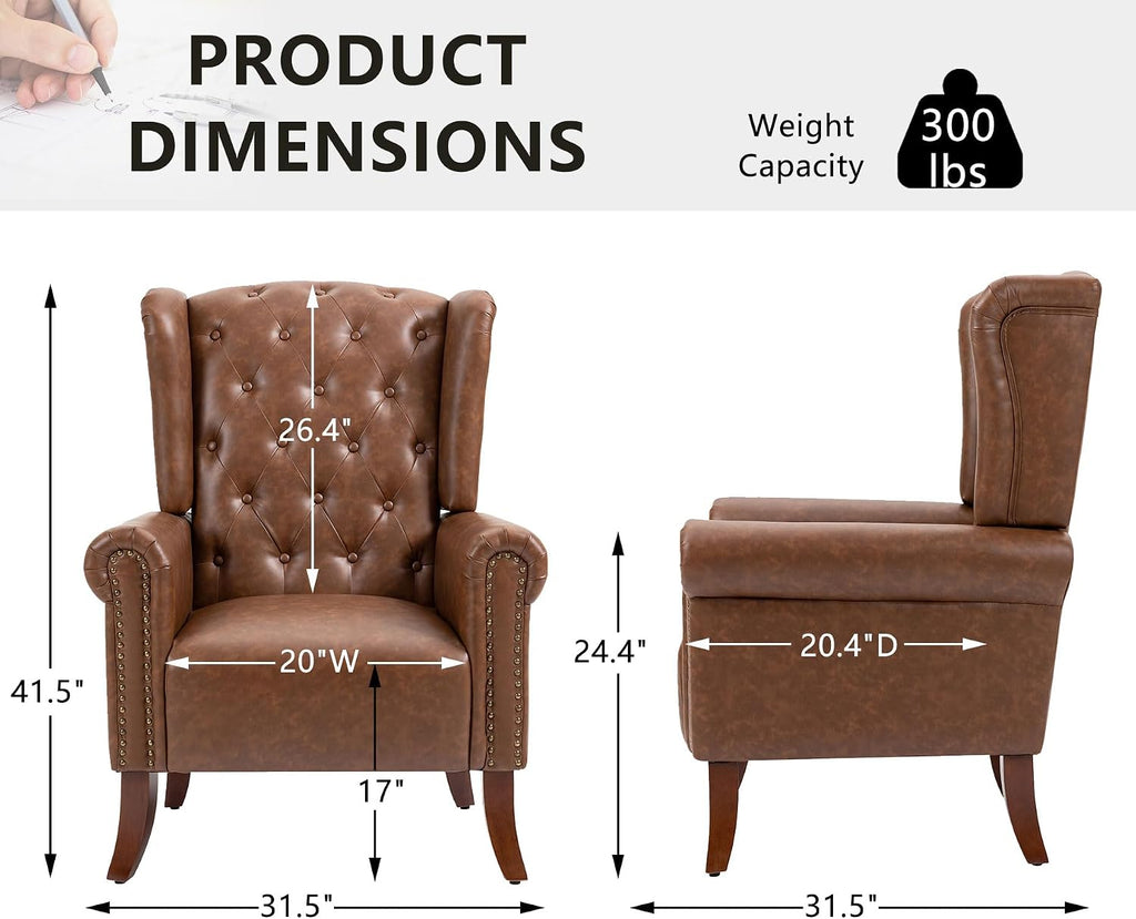 Mid-Century PU Leather Accent Chair, Living Room Lounge Sofa Chair with Buttons, Single Club Armchair with Rivet Trim
