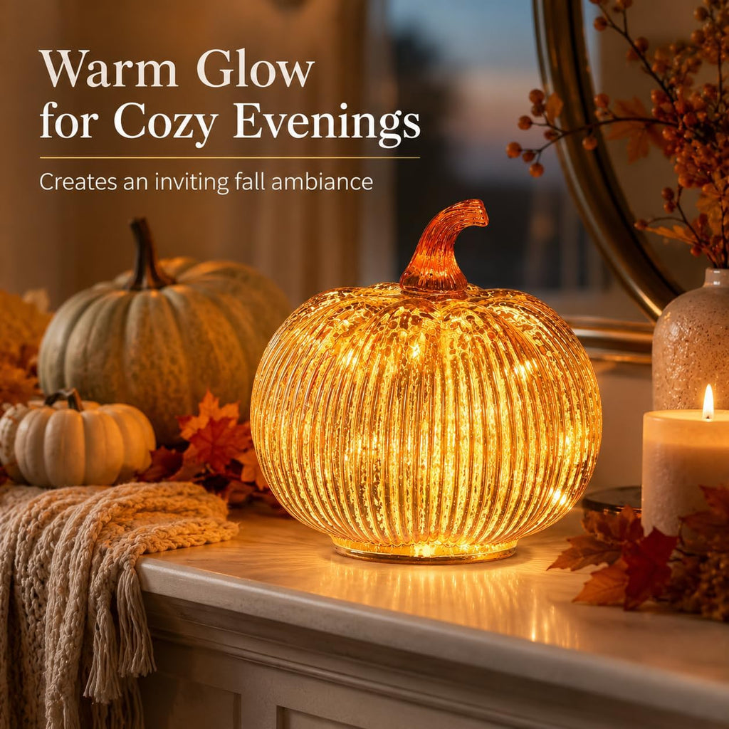 Gold Mercury Glass Pumpkin Light with 2 Lighting Modes and 6-Hour Timer, 5.5 x 6 Inch Battery Operated Fall Decor