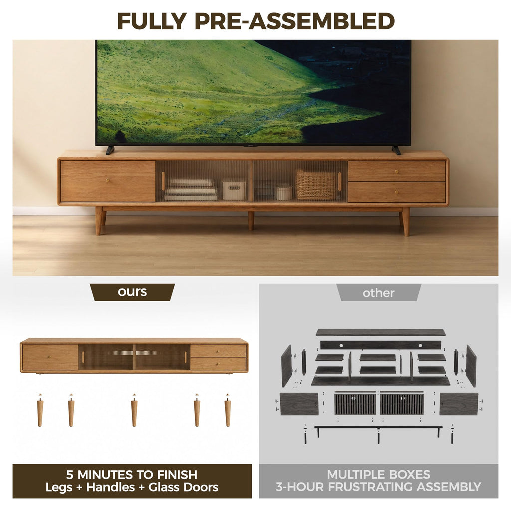 86" Solid Oak TV Stand, Extra Large Entertainment Center, Fully Assembled