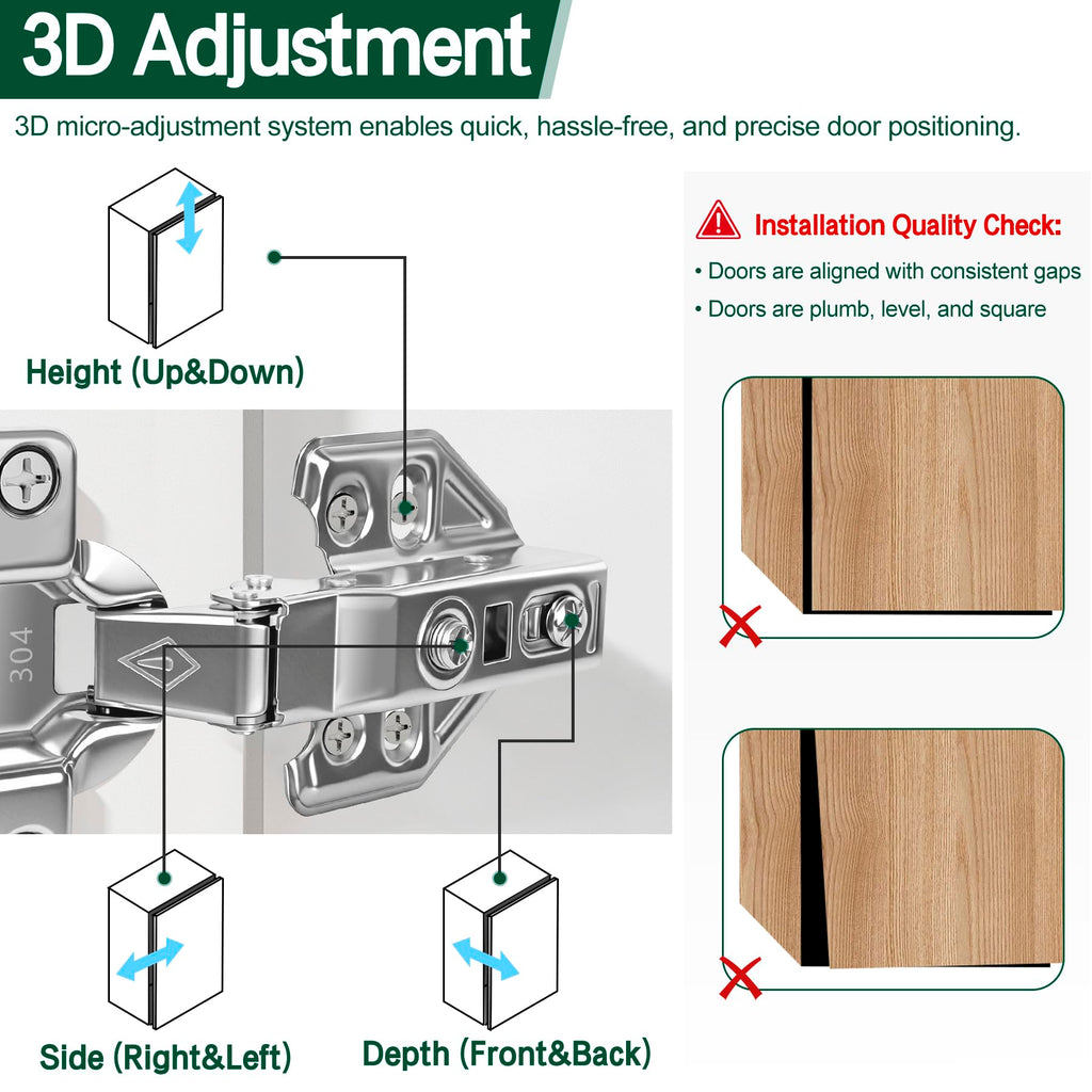 10 Pair 20 Packs Full Overlay Kitchen Cabinet Door Hinges, 105° Frameless Concealed Soft Close Adjustable Cabinet