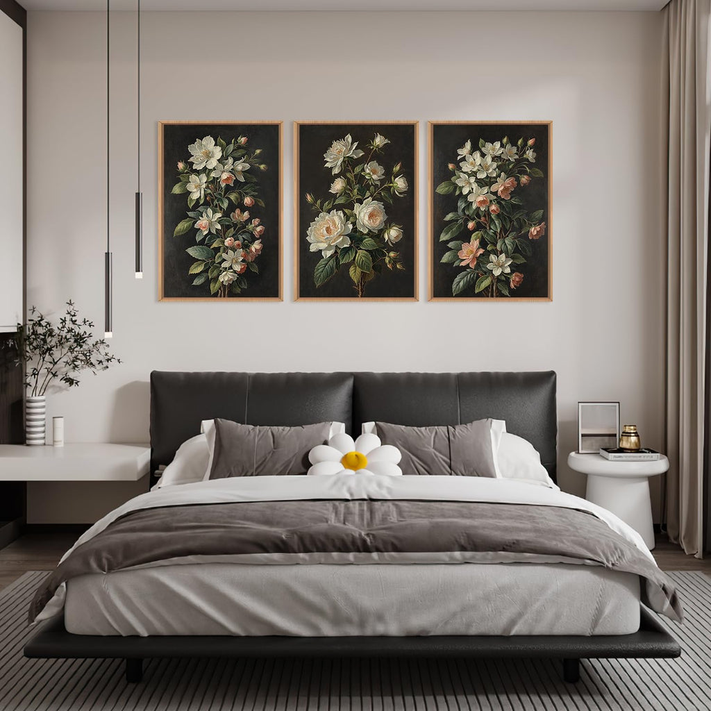 Large Dark Moody Flowers Framed Canvas Print Wall Art Set,Vintage Antique Black Botanical Wall Decor,Retro Modern