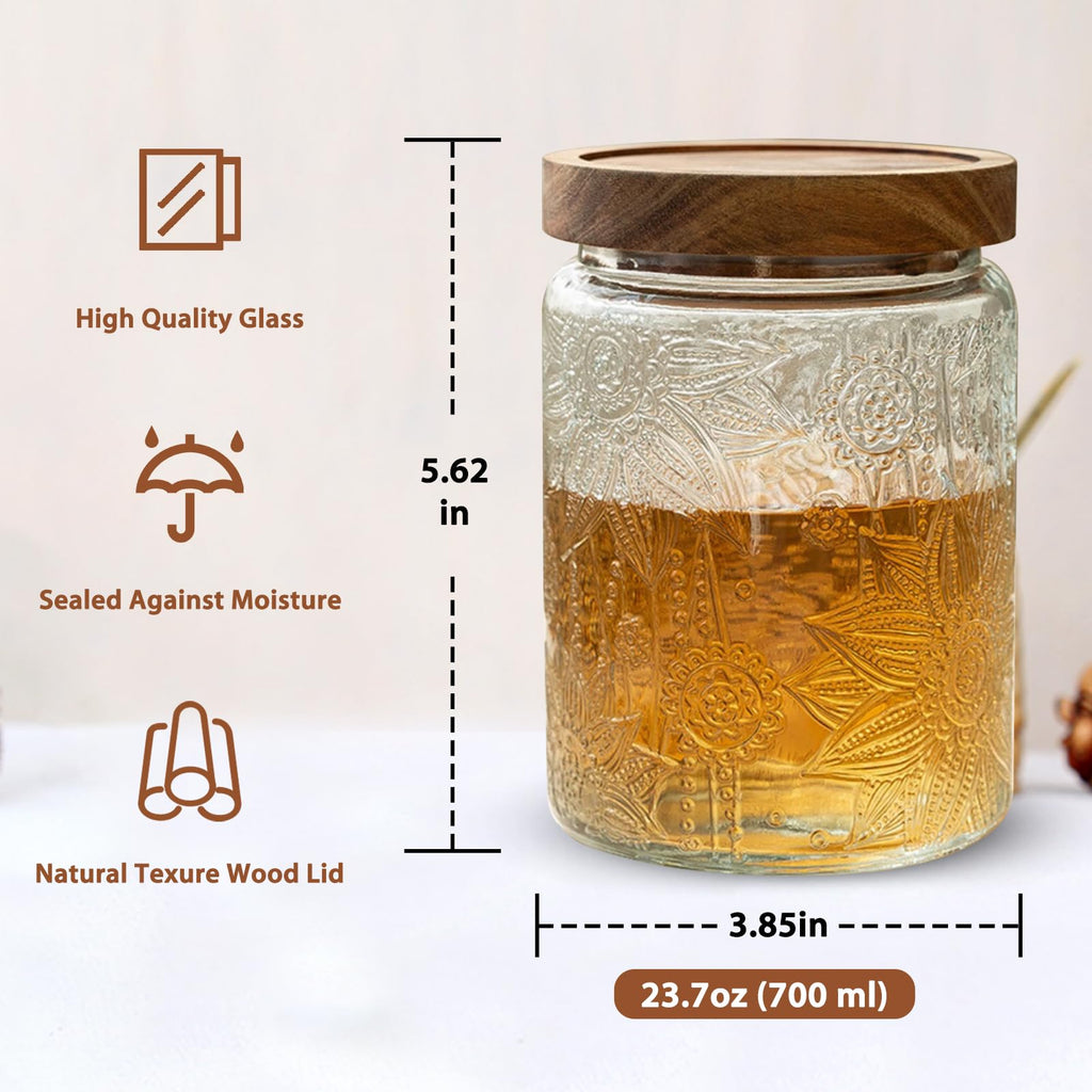 24 OZ/2 PCS Glass Storage Jar with Airtight Bamboo Wooden Lids, Vintage Food Containers Canisters Sets Counter