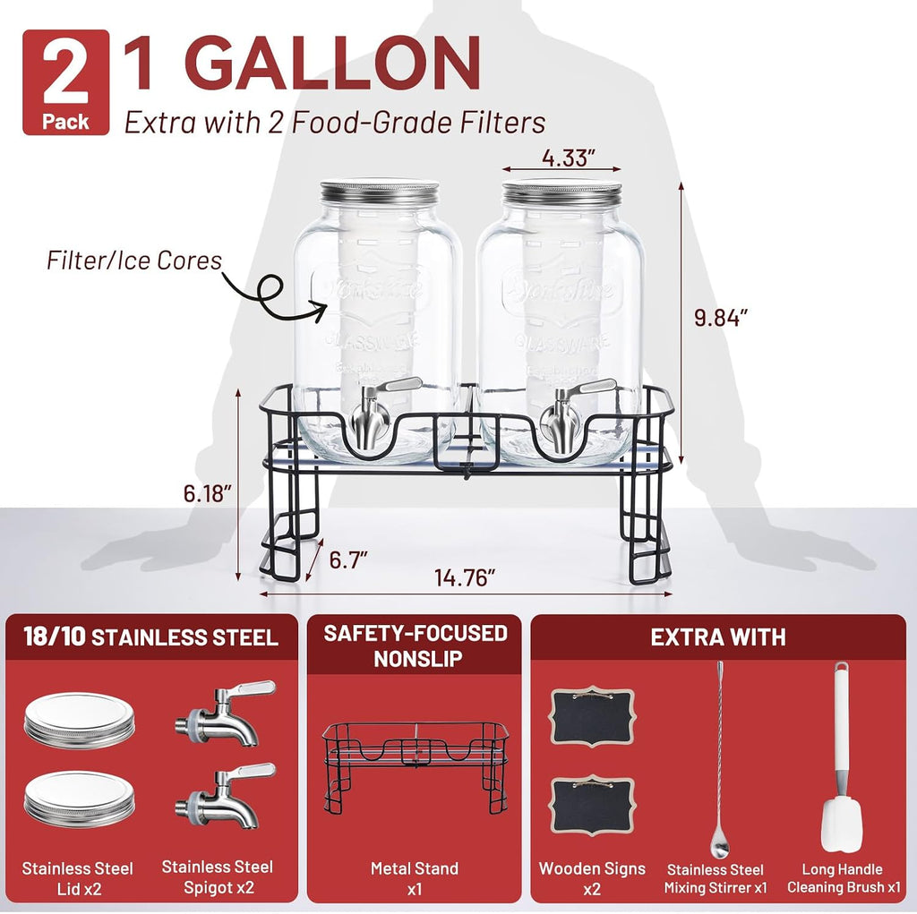 Gallon for Parties, 2 Pack Leakproof Beverage Dispenser with Stand & 18/10 Stainless Steel Spigot & Filter - Set of 2
