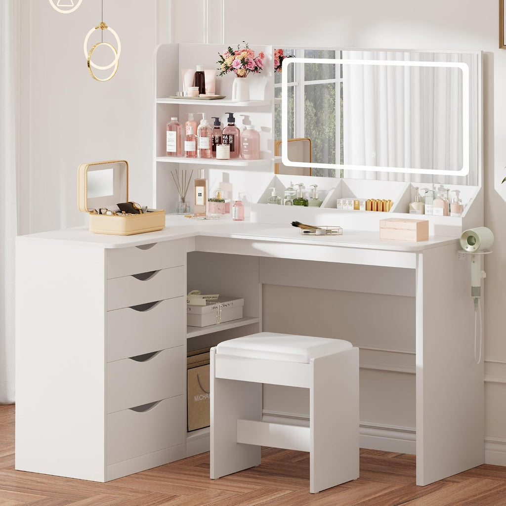 Vanity Desk with Mirror, L Shape Vanity, LED Lighted Mirror, with Fast Charging Power Outlet and 3 Storage Shelves