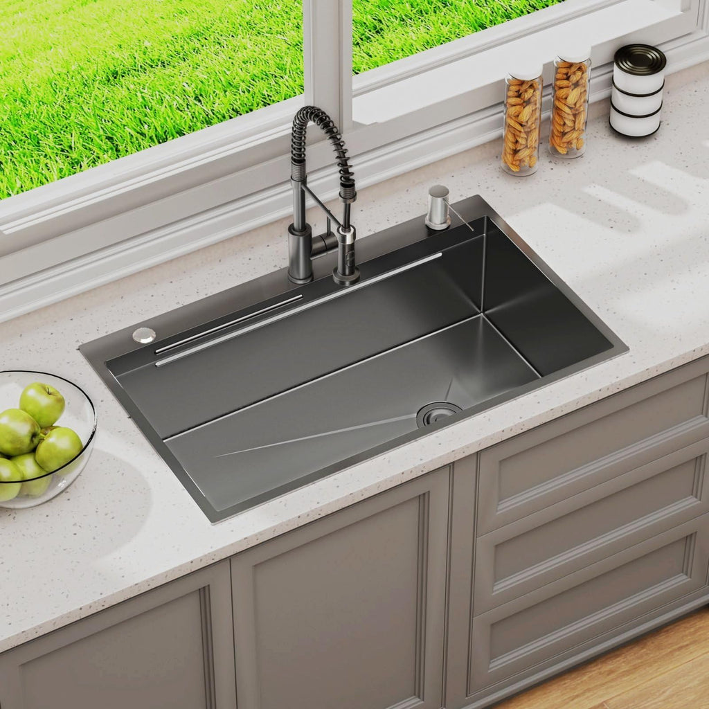 28in Stainless Steel Kitchen Sink: Black Single Bowl Drop In Workstation