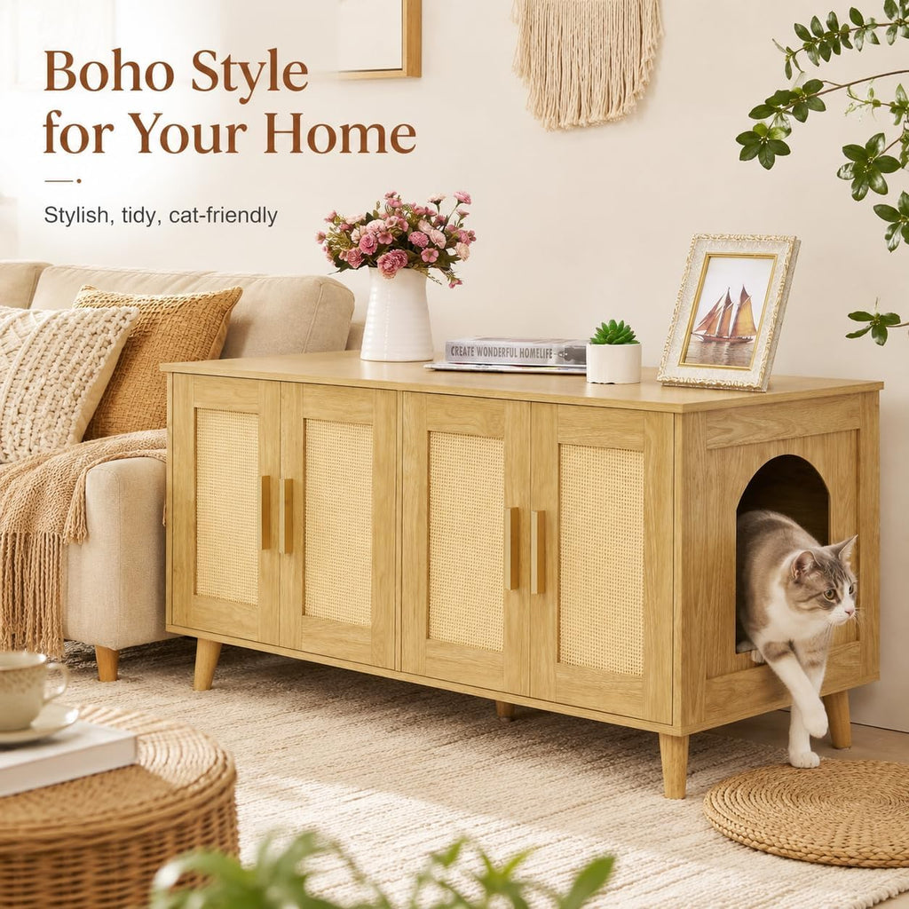 Boho Cat Litter Box Enclosure for 2 Cats, Natural