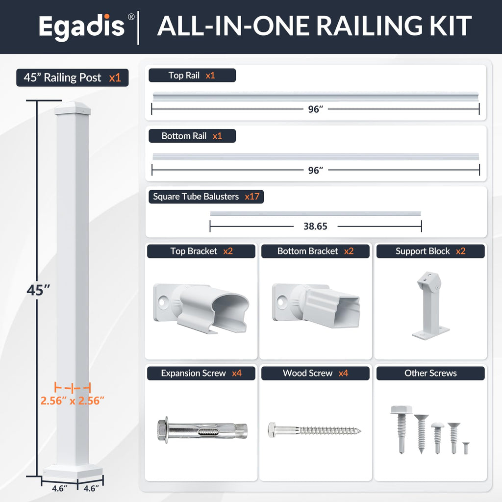 42 in x 8 ft Modular Stair Railing Kit, ASTM Certified, White