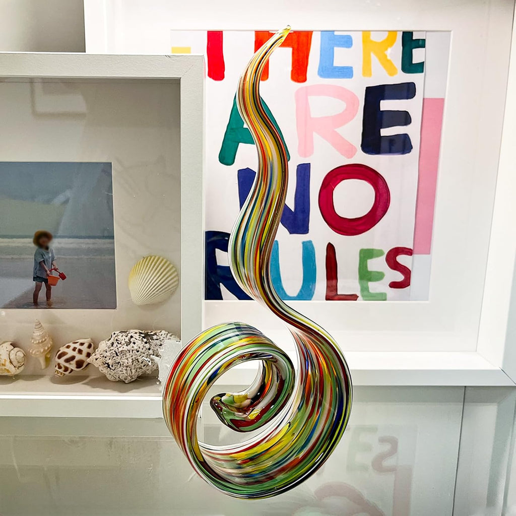 11.4" Tall Hand Blown Glass Sculpture, Murano Style Art , Modern Coastal Home Decor Accent for Shelf