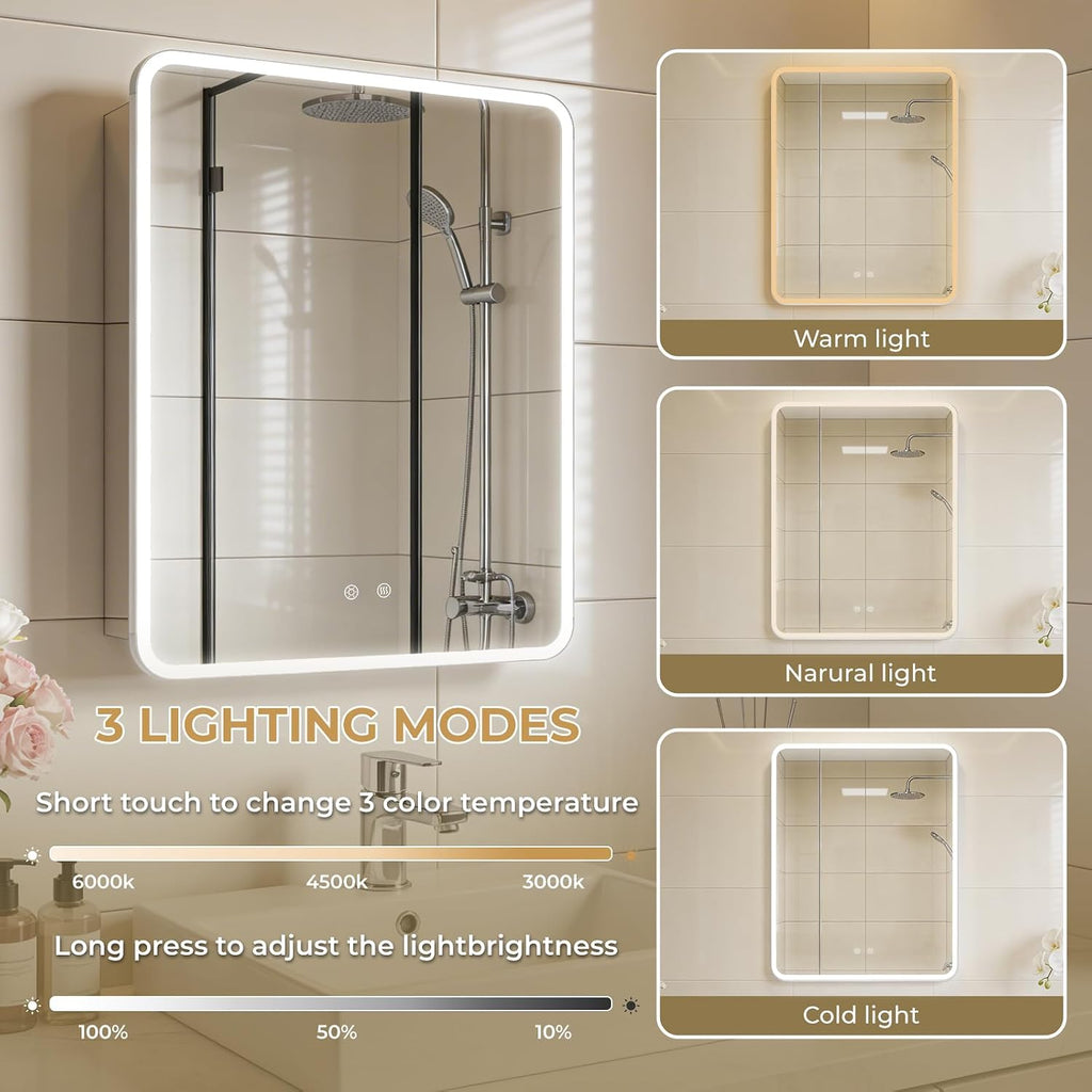 22 x 28 LED Bathroom Medicine Cabinet, Rounded Corner Aluminum Frame Lighted Mirror Cabinet with 3-Color Dimmable
