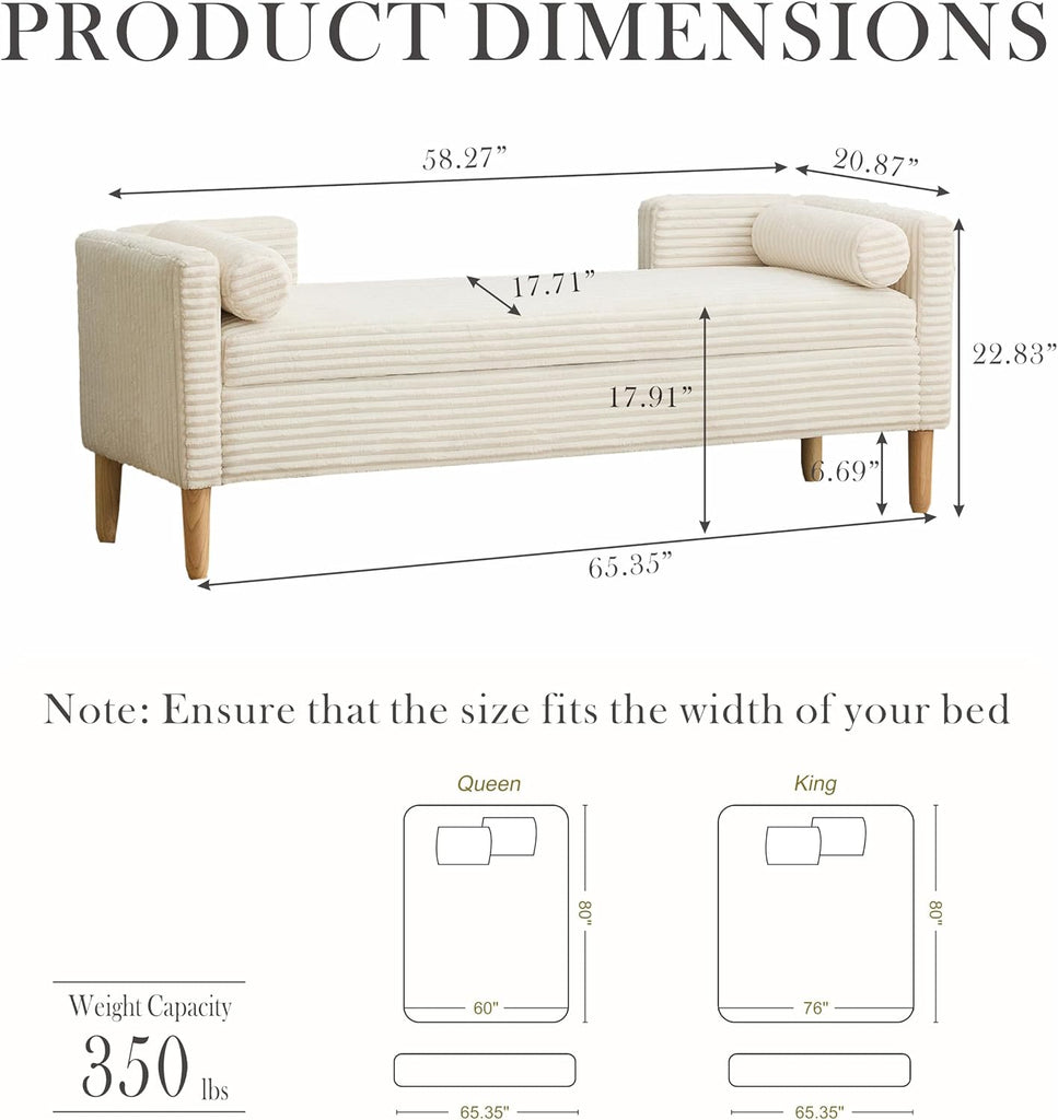 65.35" W End of Bed Bench King Size, Upholstered Large Storage Ottoman Bench with Bolster Pillows & Armrest, Window