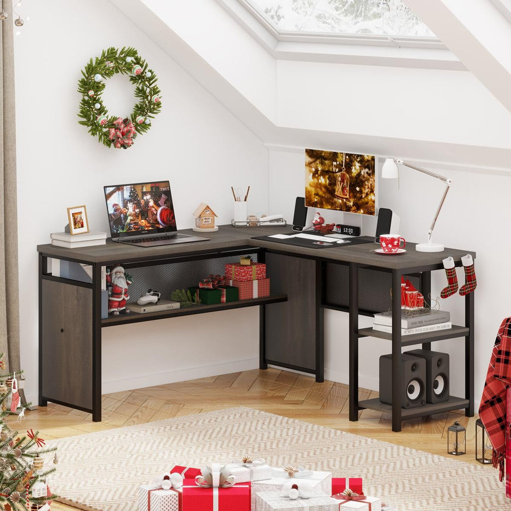 L Shaped Desk, Industrial Reversible Home Office Computer Desk with Wood Shelves, Corner Desks with Metal Legs