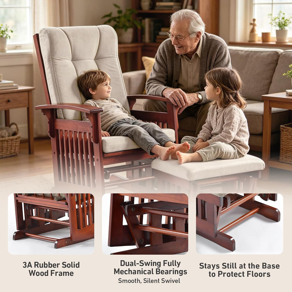 Glider Rocking Chair for the Nursery with Ottoman, 3A Solid Rubberwood Frame, Smooth-Gliding Rocking Chair Easy to