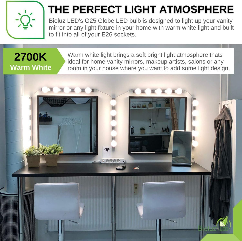 G25 Globe Vanity Light Bulbs, 40W Equivalent, 2700K Warm White, 90 CRI, 450 Lumens, Flicker Free Dimmable Bulbs