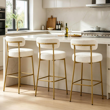 Bar Stools Set of 3, White 28 Inch Counter Height Barstools with Back, Modern Boucle Stools Gold Metal Frame Island