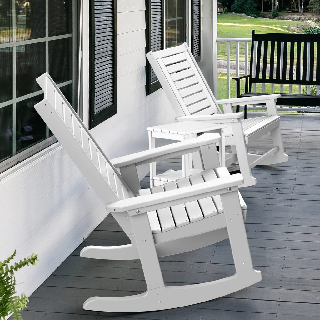 Outdoor Rocking Chairs Set, 2 Rockers w/ 1 Side Table, White