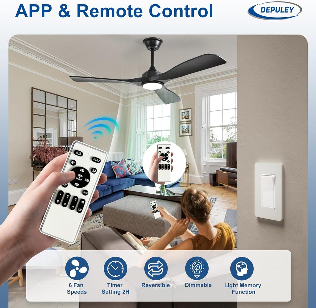 52-Inch Ceiling Fan with Light: Black 3 Blade Outdoor Fans for Patios - Dimmable Indoor Fan with Remote APP Control Ultra Quiet DC Motor Reversible 6 Speed Timer A101-B0DP6VN56W